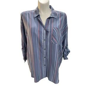 NWT 1X Westbound Woman Stripe Button Down Roll-Tab Sleeve Shirt Blouse Top